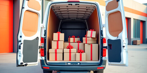 a van with the doors open at the back full of gift boxes on a colored background