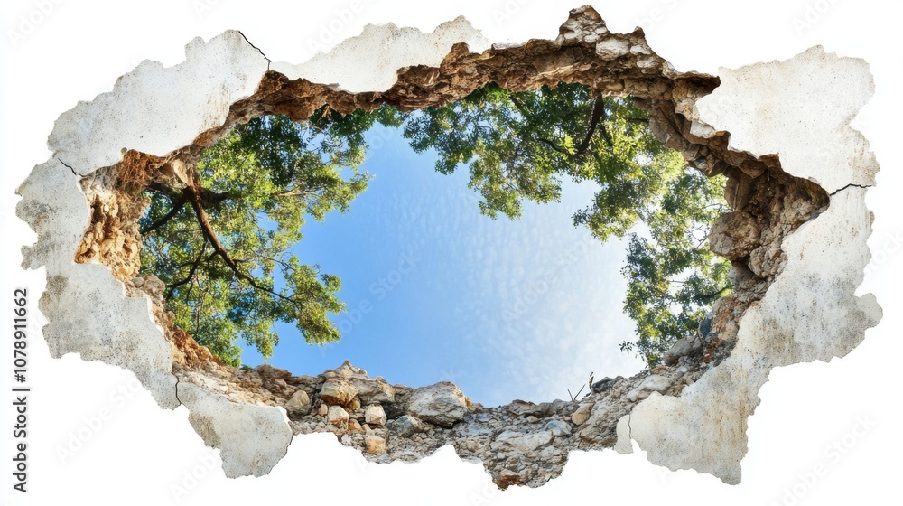 Poster circular view through ruined wall showing reflection of trees and sky in broken structure, creating 
