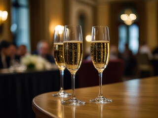 Glasses of champagne on a table in a restaurant with blurred background