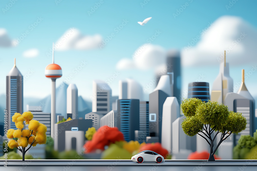 Poster reimagining urban landscapes integrating autonomous technology and green spaces in smart city infras