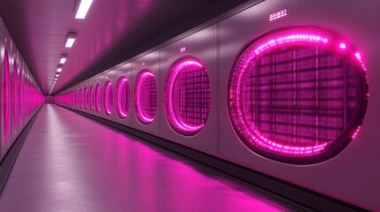 Futuristic server room with glowing pink lights and circular panels.