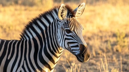 Naklejka premium Striped Beauty: A Zebra Portrait in Golden Light
