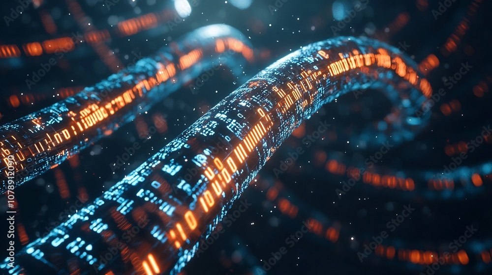 Poster futuristic digital dna strand glowing with binary code sequences against dark high tech background