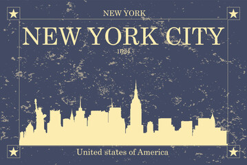 Poster of cream colored city skyline of city of New York City with blue grunge style background with inscription of the name of the city, date of establishment and US state