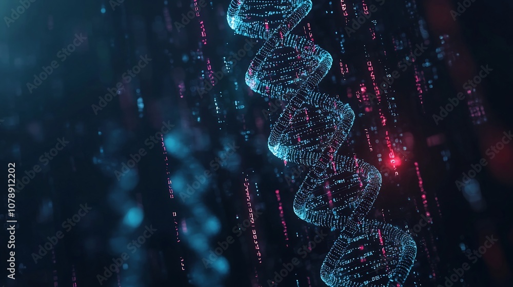 Poster futuristic digital dna strand glowing with binary code sequences symbolizing fusion of genetic mater