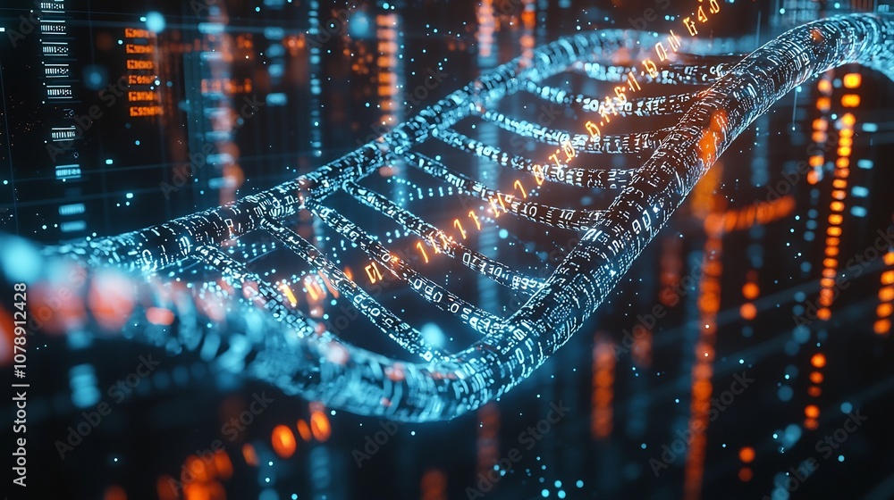 Poster futuristic holographic dna data encoding on digital interface
