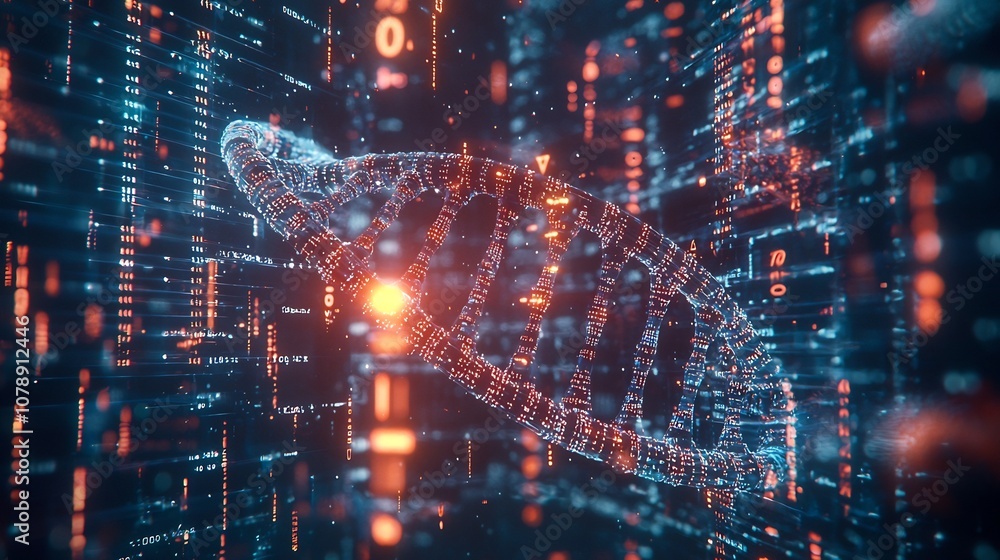 Poster digital data encoded into holographic dna model on computer interface