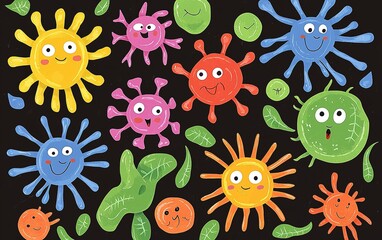 Cute cartoon representations of colorful germs and bacteria with expressive faces on a black background
