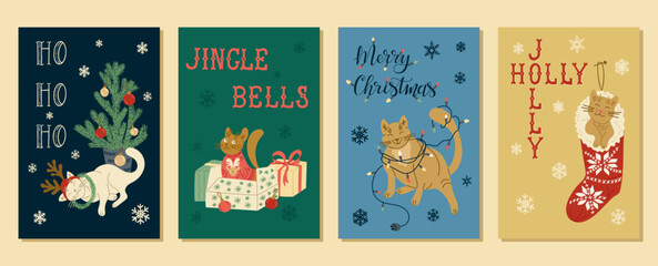 Set of festive Christmas banner with funny cats in holiday scenes with slogan as Ho Ho Ho, Jingle Bells, Merry Christmas and Jolly Holly. Vector illustrations in flat style on colorful backgrounds