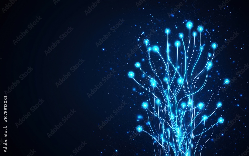 Poster glowing blue lines with lights create an abstract representation of digital connections on a dark ba
