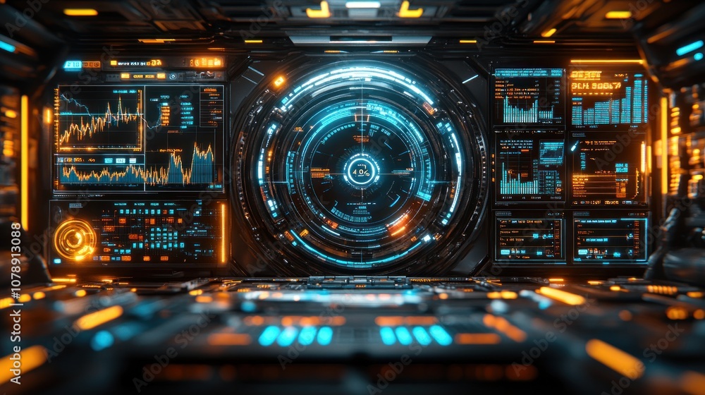 Poster futuristic spaceship control room interior with a large circular screen and glowing interfaces.