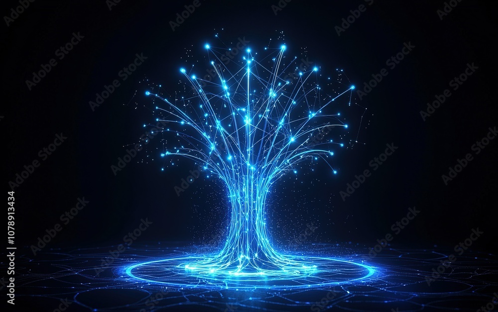 Poster a glowing blue tree of life emerging from a digital network in a dark environment symbolizing techno