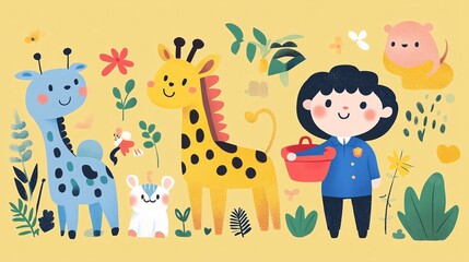 Fototapeta premium Cute Cartoon Animals and Kid Illustration for Kids Room Decor