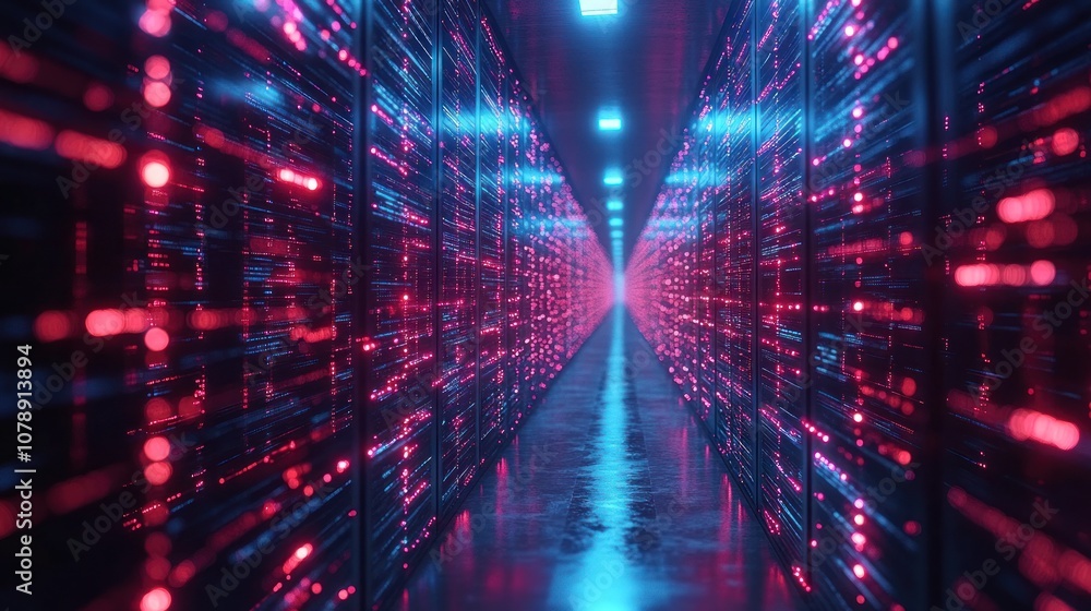 Poster futuristic server room with glowing lights and data streams.