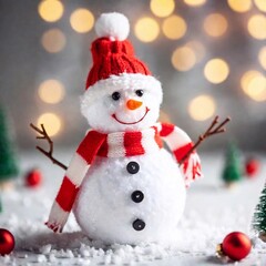 A playful snowman with a carrot nose and a scarf, surrounded by falling snowflakes and festive decorations, in a whimsical cartoon style. Medium close-up, shallow focus, eye-level shot.