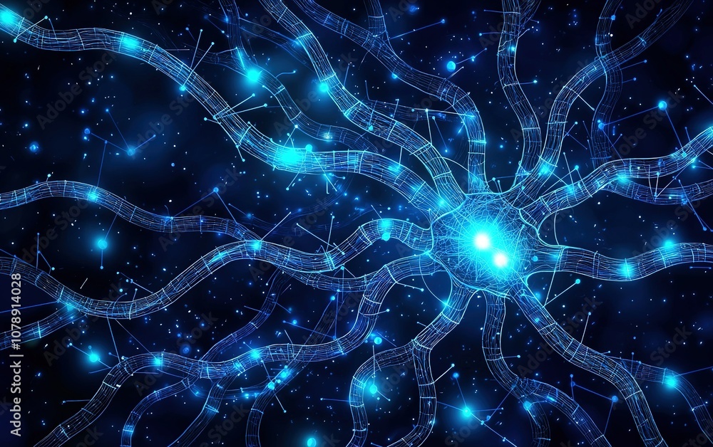 Poster exploring the intricate connections of neural networks illuminated by vibrant blue lights in a cosmi
