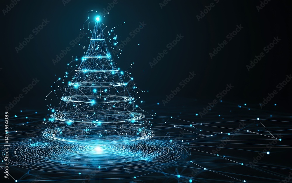 Poster modern digital christmas tree glowing against a dark background with sparkling light effects creatin