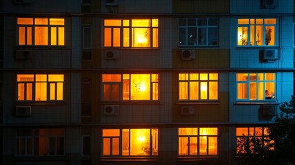 Windows illuminating apartments at night showing that people are home relaxing