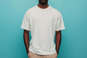 oversized white t-shirt mock up, front side tshirt mockup, african american man model on light blue background
