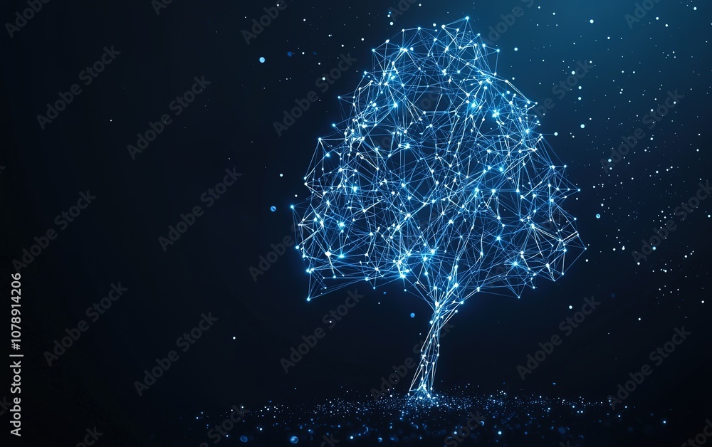Poster a glowing digital tree made of interconnected lines and points in a dark environment representing te