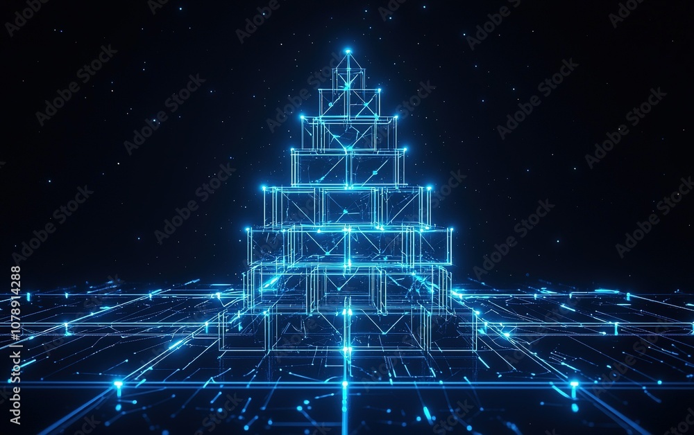 Poster a digital blueprint of a pyramid structure illuminated with glowing blue lines in a dark, starry env
