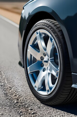 New Car Tire with Shiny Alloy Wheel on the Road