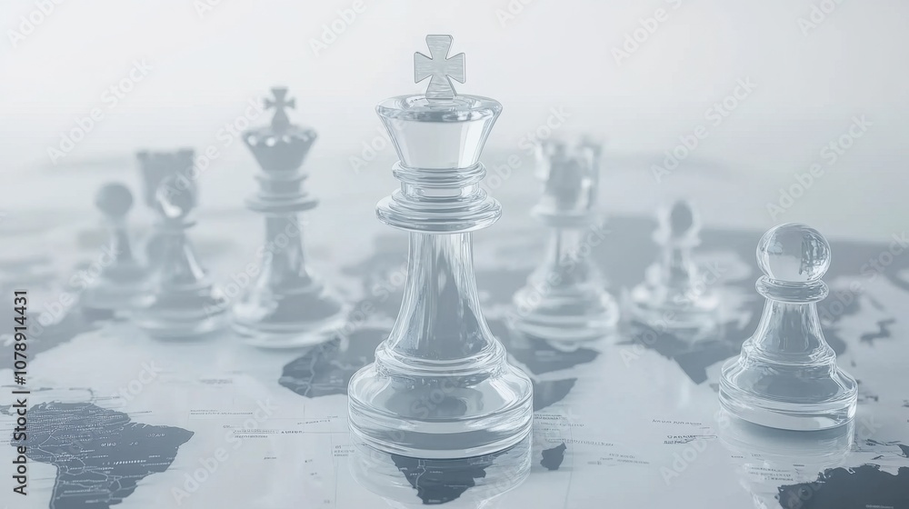 Poster glass chess pieces on a world map representing strategic thinking and global connection in game theo