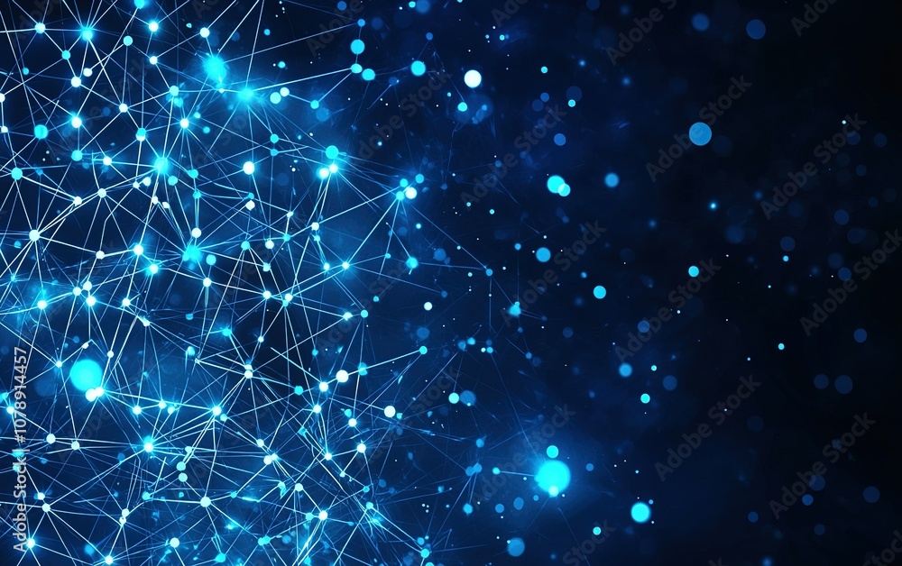 Poster a digital network of interconnected nodes and bright blue lights set against a dark background, illu
