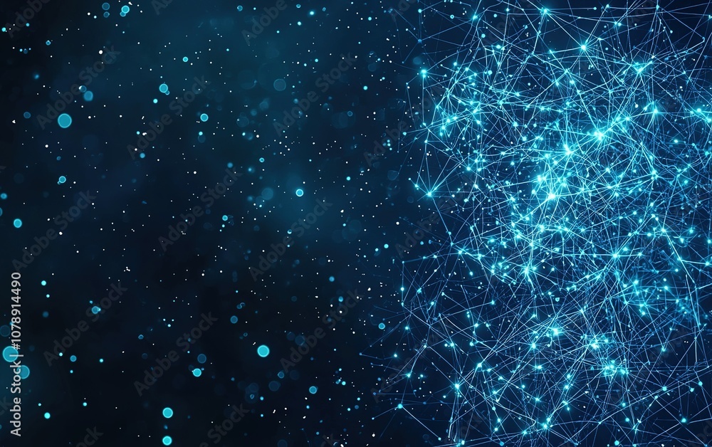 Poster abstract digital connections and particles represented by glowing blue lines against a dark backgrou