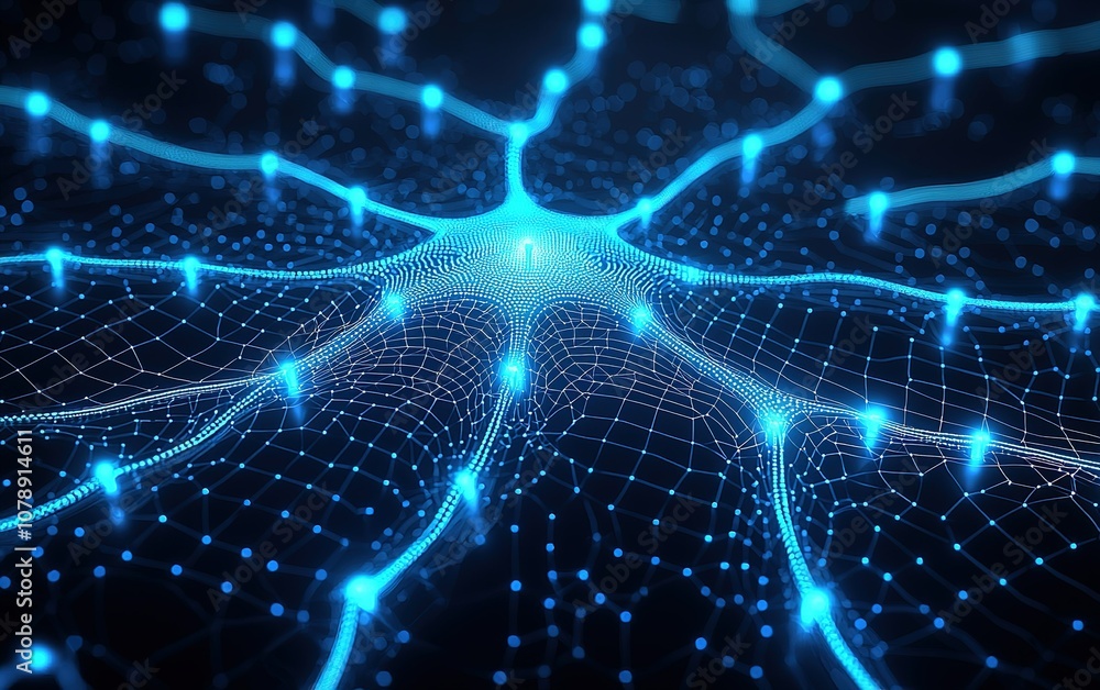 Poster a glowing blue network of interconnected nodes representing a digital neural structure in a dark env