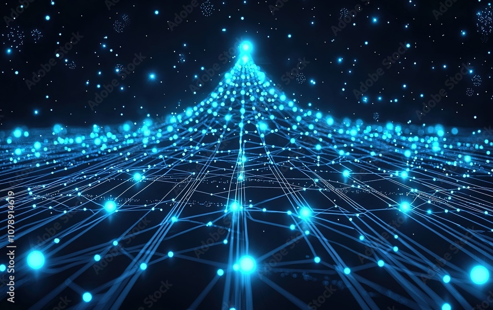 Poster a mesmerizing view of a digital network forming a triangular shape against a dark, starry background
