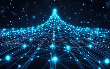 A mesmerizing view of a digital network forming a triangular shape against a dark, starry background, symbolizing connectivity and technology