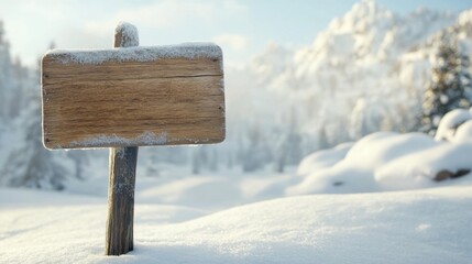 Fototapeta premium Wooden sign in a serene winter landscape surrounded by snow-laden trees and majestic mountains under a clear blue sky, evoking tranquil outdoor wilderness vibes