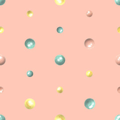 Polka dots, colorful confetti, festive on a pink background. Watercolor illustration, hand drawn. Seamless pattern for fabric, textile, wallpaper, paper, packaging, wrapping paper greetings