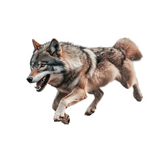 Wolf in fast running on white transparent background. 