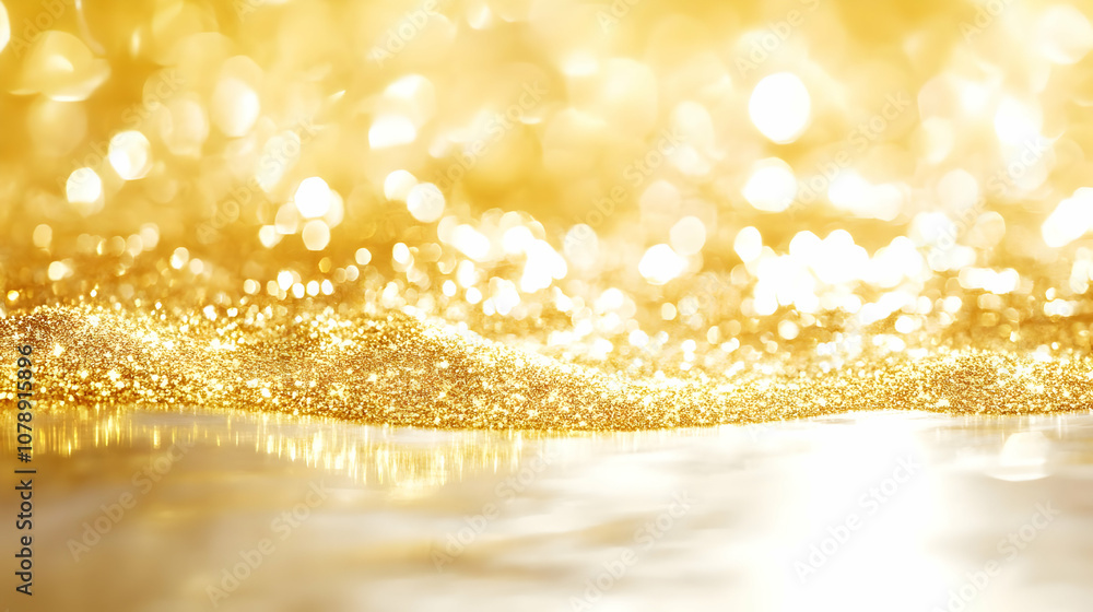Poster golden glitter background with blurred lights and reflections, abstract texture with shimmering part