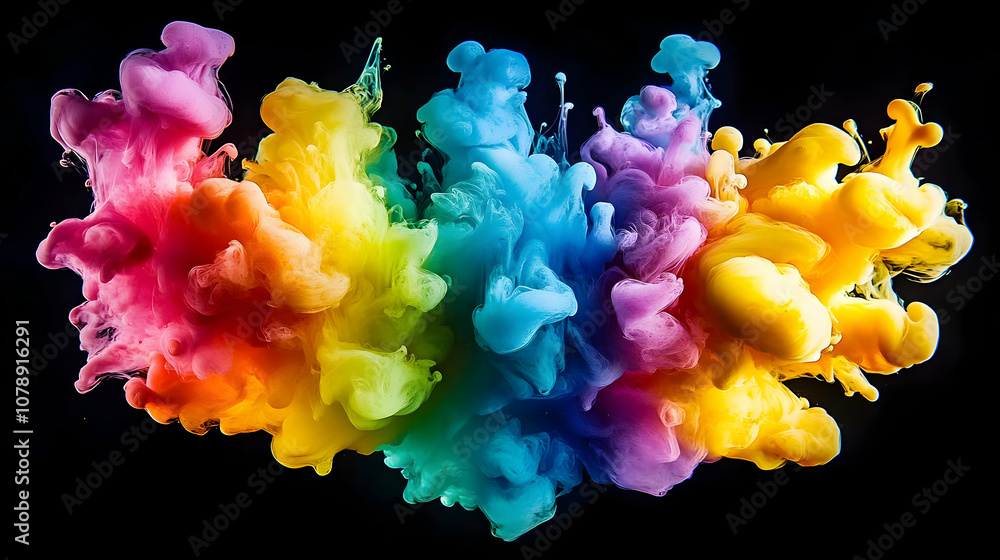 Poster abstract rainbow ink swirl exploding in black background, creating a colorful and dynamic art piece 