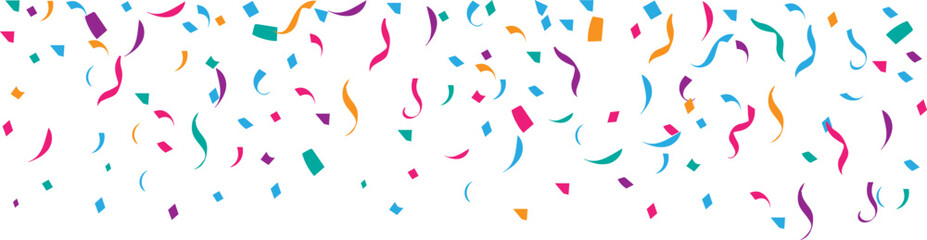 Border with   colorful falling confetti and a streamers .  Background with glitter confetti for party celebration. Luxury sparkling confetti. Falling colorful glitter. Dust multicolored sparks. 