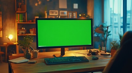 Naklejka premium Desktop computer with green screen on a wooden desk in a cozy home office