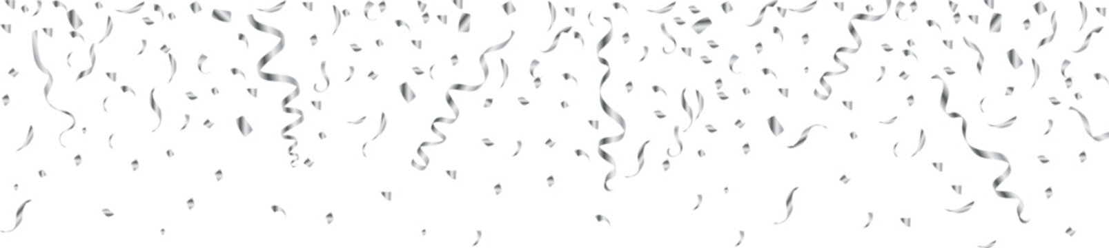 Border with  silver falling confetti and a streamers .  Background with glitter confetti for party celebration. Luxury sparkling confetti. Falling silver glitter and  dust . 