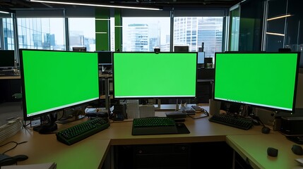 Green screen computer in a shared office with multiple workstations around