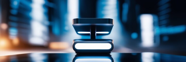 A futuristic digital interface with glowing blue panels and a blurred, high-tech cityscape background in soft focus