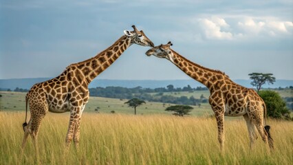 Obraz premium Two Giraffes Interact Peacefully in the Savanna Under a Cloudy Sky at Midday. Generative AI