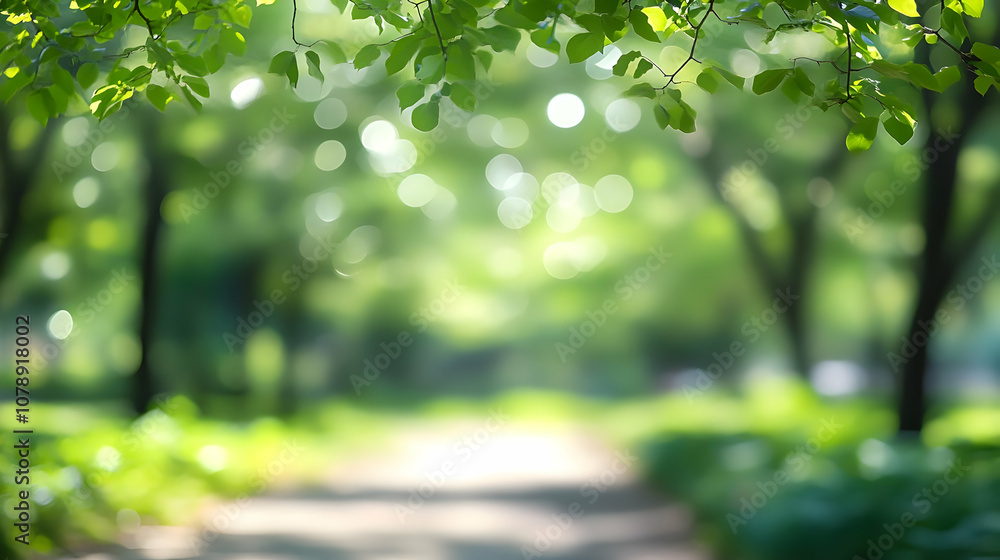Poster abstract blurred background with green leaves and bokeh lights in a forest setting