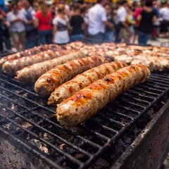 eye-level macro photograph of multiple sausages sizzling on a grill, each sausage glistening with juices, the shallow focus blurring the Oktoberfest crowd in the background