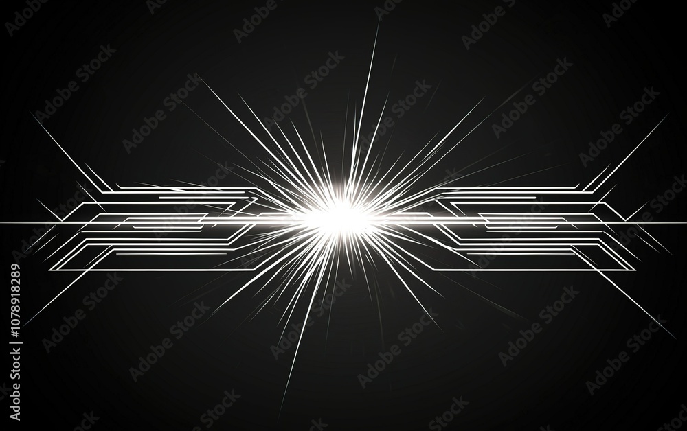 Poster dynamic abstract design featuring radiant light burst and geometric lines on a dark background creat