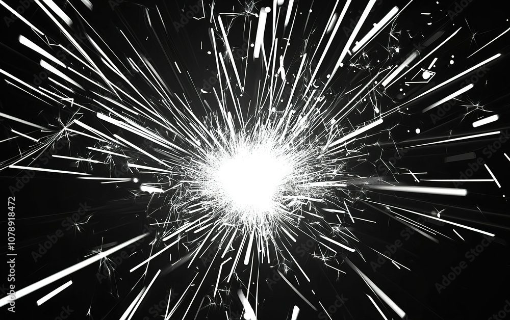 Poster bright explosion of white sparks emanating from a central point against a dark backdrop showcasing d