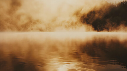 Mist rises from a tranquil lake at sunrise, creating a serene and atmospheric scene with soft golden light reflecting on still water