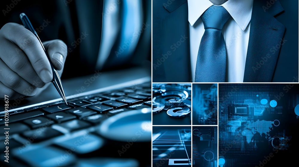 Poster abstract business collage with a hand typing on a laptop keyboard, a close-up of a suit with a tie, 