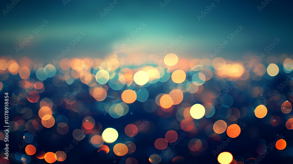 Poster abstract bokeh background with defocused colorful lights and a teal and blue gradient sky